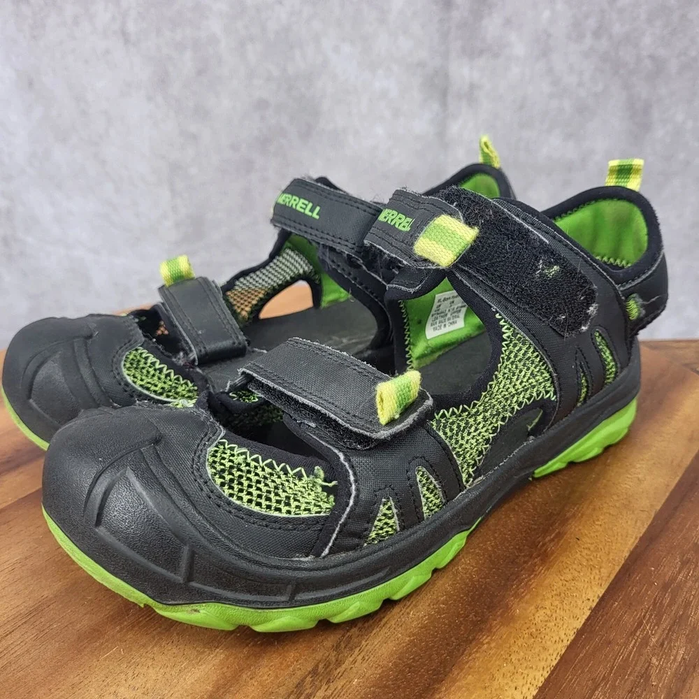 Merell Hydro Rapid Shoes Boys 4 M Black Green Leather Water Hiking Sport Sandals
